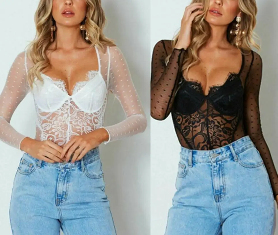 Women's Solid Color Tight Lace Long Underwear One-piece Underwear Sexy Sexy Lingerie Club Mesh One-piece Top Jumpsuit