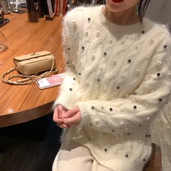 

Luxury Pearls Twist Sweaters Women 2019 New Sweaters Female Jumper Long Sleeve Pullovers Round Neck Tops Mujer Sueter SA295S30