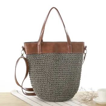 

Women Summer Straw Beach Bags Boho Vacation Rattan Handbag Patchwork Woven Shoulder Bags Chic Fashion PU Handle Beach Tote Bags