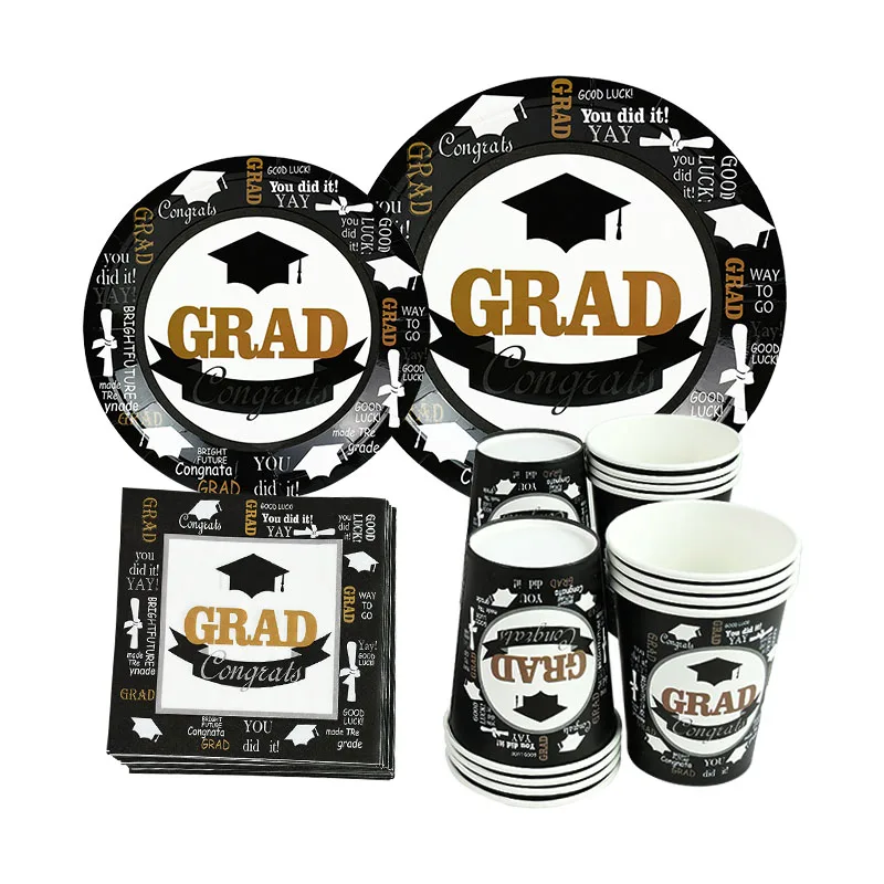 Congratulations Graduation 2021 Disposable Tableware Black Doctor Hat Print Paper Plate Cups Napkins graduation party decoration