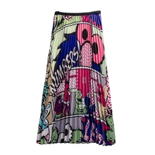 Осенне-летняя Юбка-миди с эластичной резинкой на талии; модные юбки до середины икры с высокой талией; универсальная юбка в складку с принтом; Женская юбка