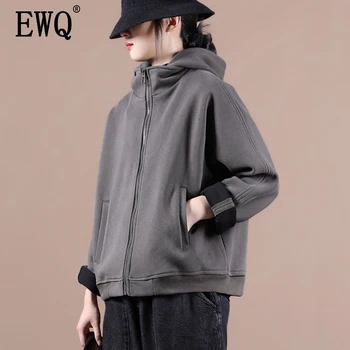 

[EWQ] 2020 Spring Autumn New Zipper Solid Loose Full Sleeve Wild Art Large Size Women's Cardigan Sweater Coat With Hood TX258