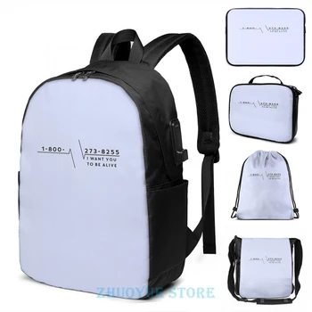 

Funny Graphic print Suicide Hotline USB Charge Backpack men School bags Women bag Travel laptop bag