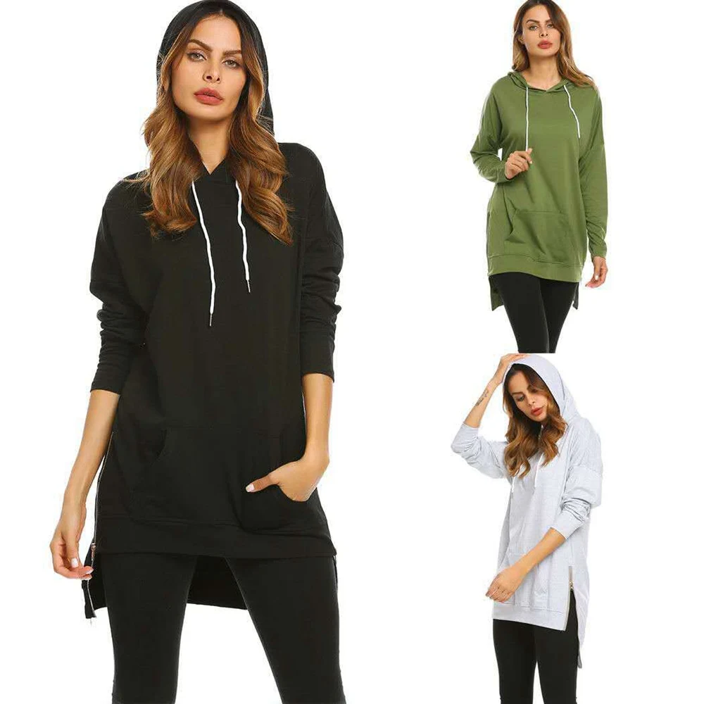 

Women Hoodies Sweatershirt Side Zipper Autumn Long Hooded Pocket Sweater Solid Hoodie Casual 2019 New Blusas Vestidos Mujer