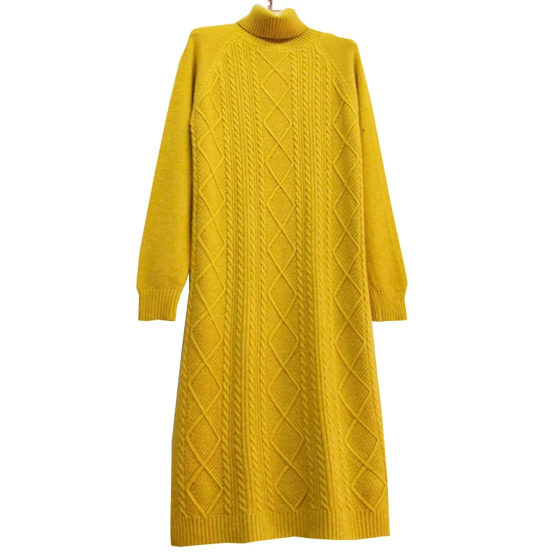 High collar over the knee long sweater women autumn winter twist head knit bottom shirt split thicken medium dress | Женская одежда