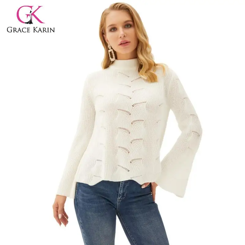 

Grace Karin Women's Mock Neck Hollowed-Out Knitwear Long Bell Sleeves Knitted Pullover Sweater 2019 New Autumn Jumper Pull Femme