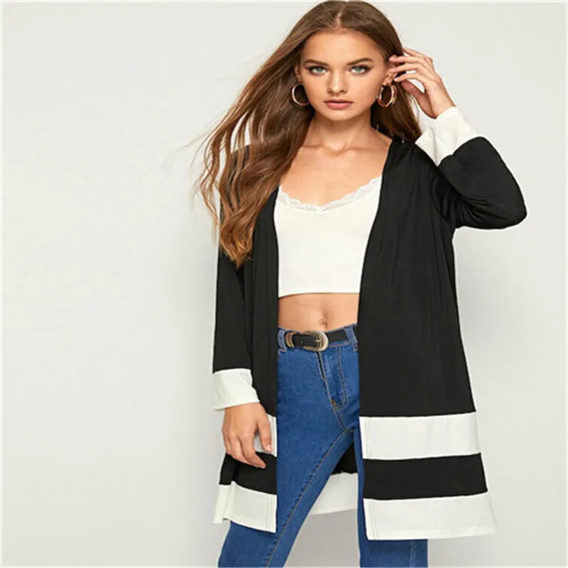 

Women Waterfall Tshirts OL Office Trench Coat Waterproof Long Coat Duster Colorblock Open Jacket Fashion Long Sleeve Tops