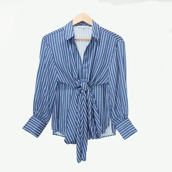 

Women Shirts 2019 Spring and Summer Models Blue Striped Bow Belts Casual Shirts