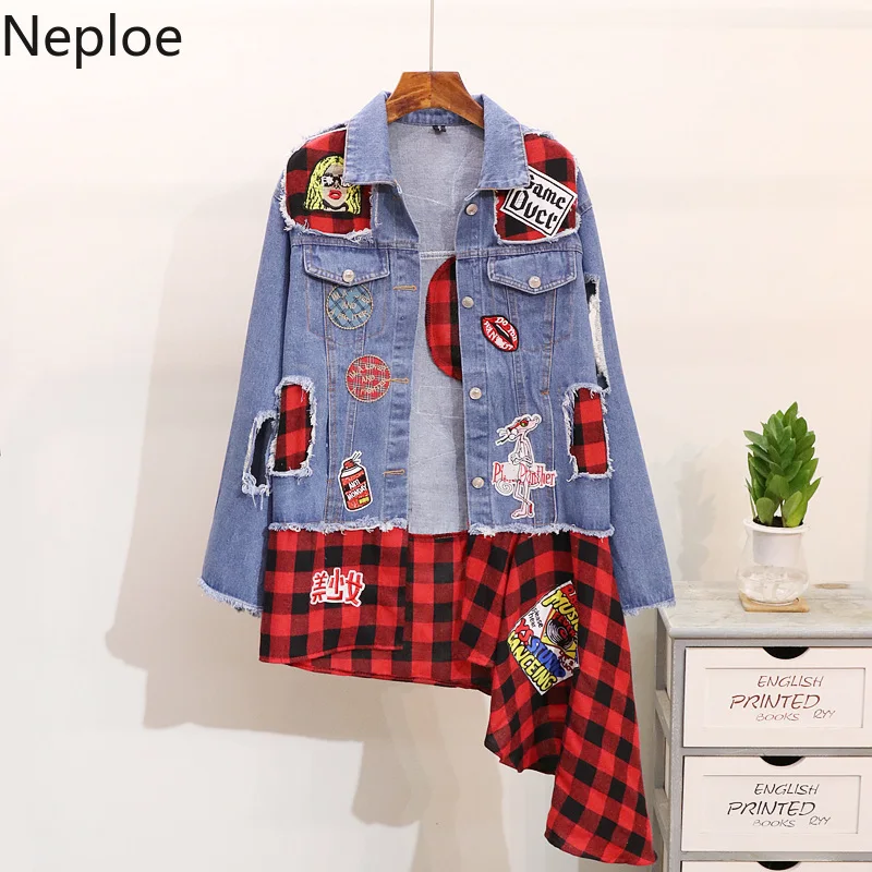 

Neploe Korea Irregular Hole Denim Jacket Women Fashion Patchwork Long Sleeve Mid Long Chaqueta Mujer Autumn Loose Coat 46315