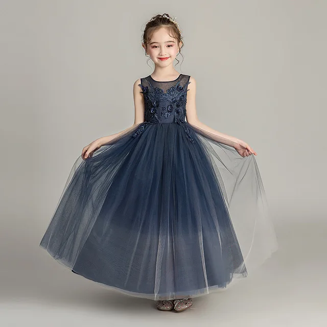 navyblue 3 Цветок Нарядная, для девочек день рождения ужин вечерние вышивка длинное платье для девочки высокого класса евхаристии вечерние официальные Танцы президент платье - Цвет: navyblue 3