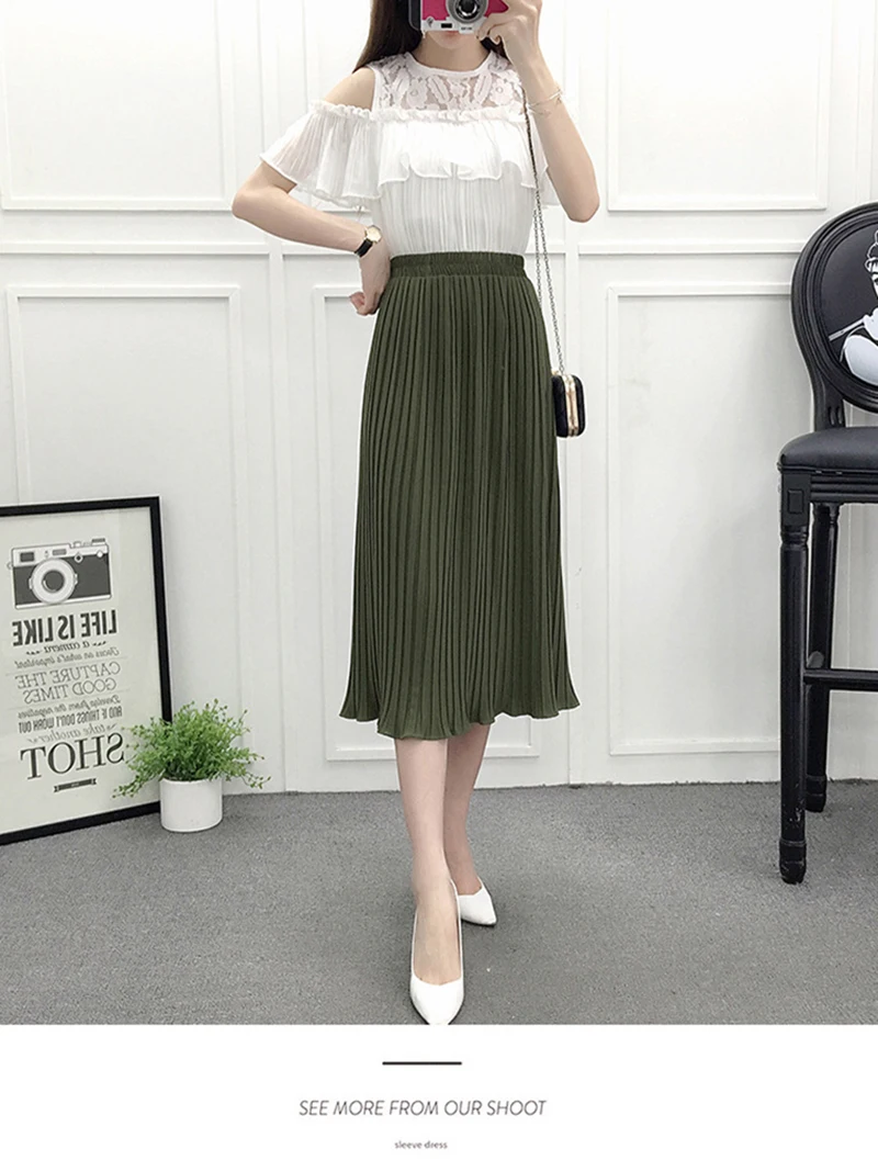 2020 Women pleated skirt high waist casual chiffon skirt female fashion cute spring summer elegant midi skirt women new DR1464 (4)