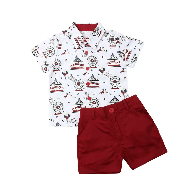 Детская Рождественская Одежда для мальчиков летние комплекты одежды для мальчиков топы с короткими рукавами и принтом+ шорты, костюмы детская одежда для джентльмена - Цвет: Красный