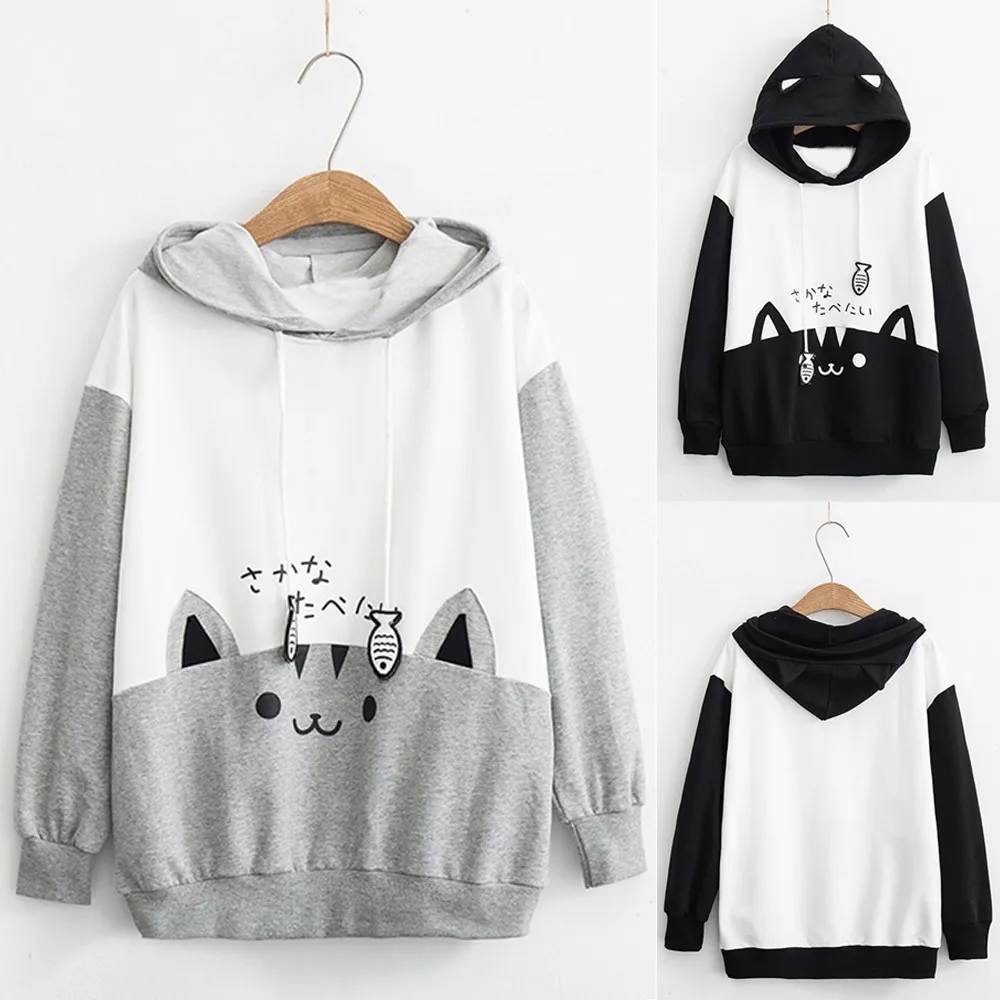 JAYCOSIN Women Casual Long Sleeve Sweatshirt Kitty Cat Print Pocket Thin Hoodie Pockets Unique Print Chic Comfortable Pullover