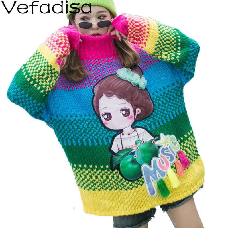 Vefadisa Autumn Cartoon Turtleneck Pullovers Sweater Stripe Long Sleeve Tassel Casual Woman 2019 QYF508 | Женская одежда