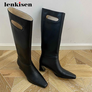 

Lenkisen popular personality natural leather mixed colors square toe thick high heel slip on european design knee-high boots L65