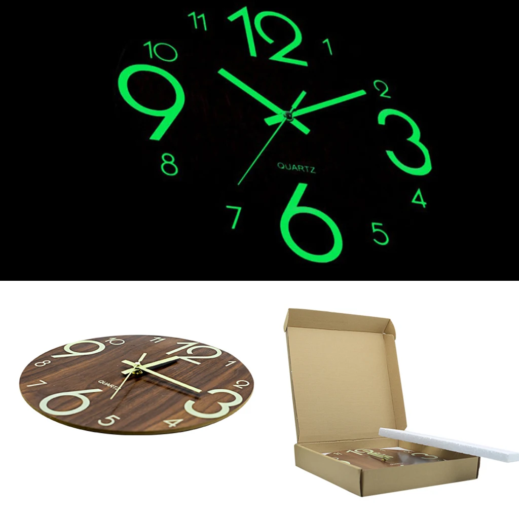 Luminous Non-ticking Wood Wall Clock 30cm Round Silent Glow in the Dark Clock for Living Room Bedroom Wall Desk Decor