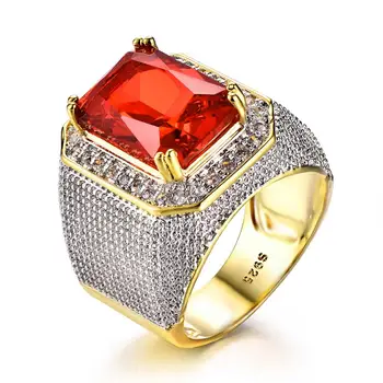 

Fashionable High End Red Crystal Ring Trend For Men Gold Plating Jewelry Zircon Exaggeration Bule Color Ring Anniversary Men