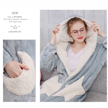

Long Flannel Fleece Hooded Dressing Gown Women Men Warm Star Moon Zipper Sleepwear Robe NOV99