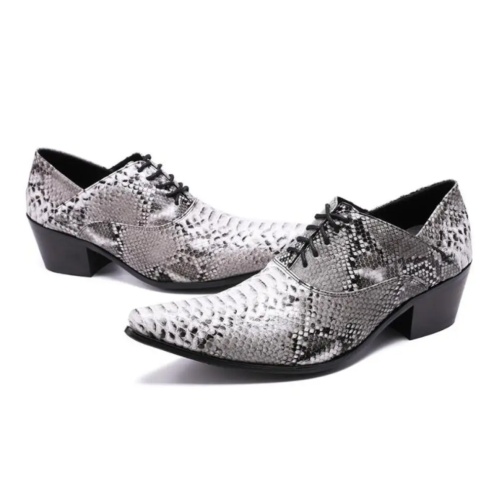 Pointed Snake Printed Leather Mens Casual Shoes Wedding Man Lace-up Heighten