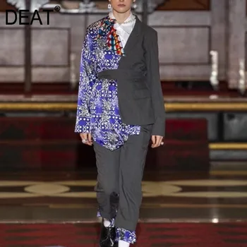 

DEAT Stitching Printing Lace Irregular Woman Suit Jacket Pants Casual Suit Personality Fashion 2020 spring Winter New TV063