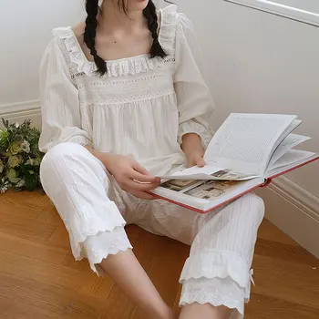 

Autumn Ladies Princess Pajamas-set Long-sleeve Square Neck Lace Pyjamas Sweet Loose Splicing Home Clothing Nightwear 2pcs-sets