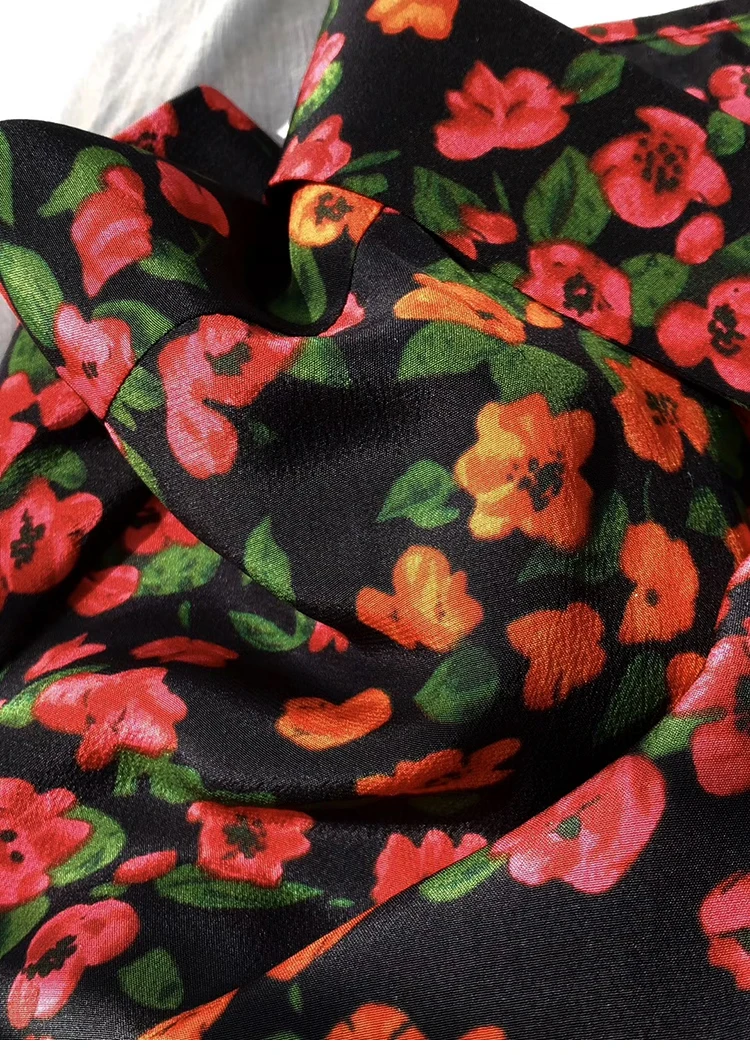 100% Silk Women Floral Blouse Long Sleeve Retro