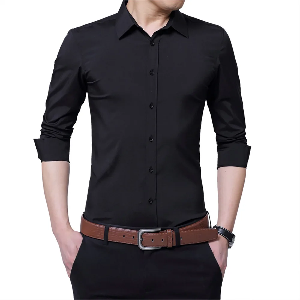 Новые мужские рубашки, мужская рубашка, Бизнес Стиль, длинный рукав, отложной воротник, мужская рубашка, приталенная, популярный дизайн, Азиатский Размер, M-5XL - Цвет: black 801