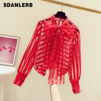 

2020 Spring New Large Bow Organza Striped Transparent Shirt Women's Casual Temperament Shirt Blouse Woman Red Blouse Blusas