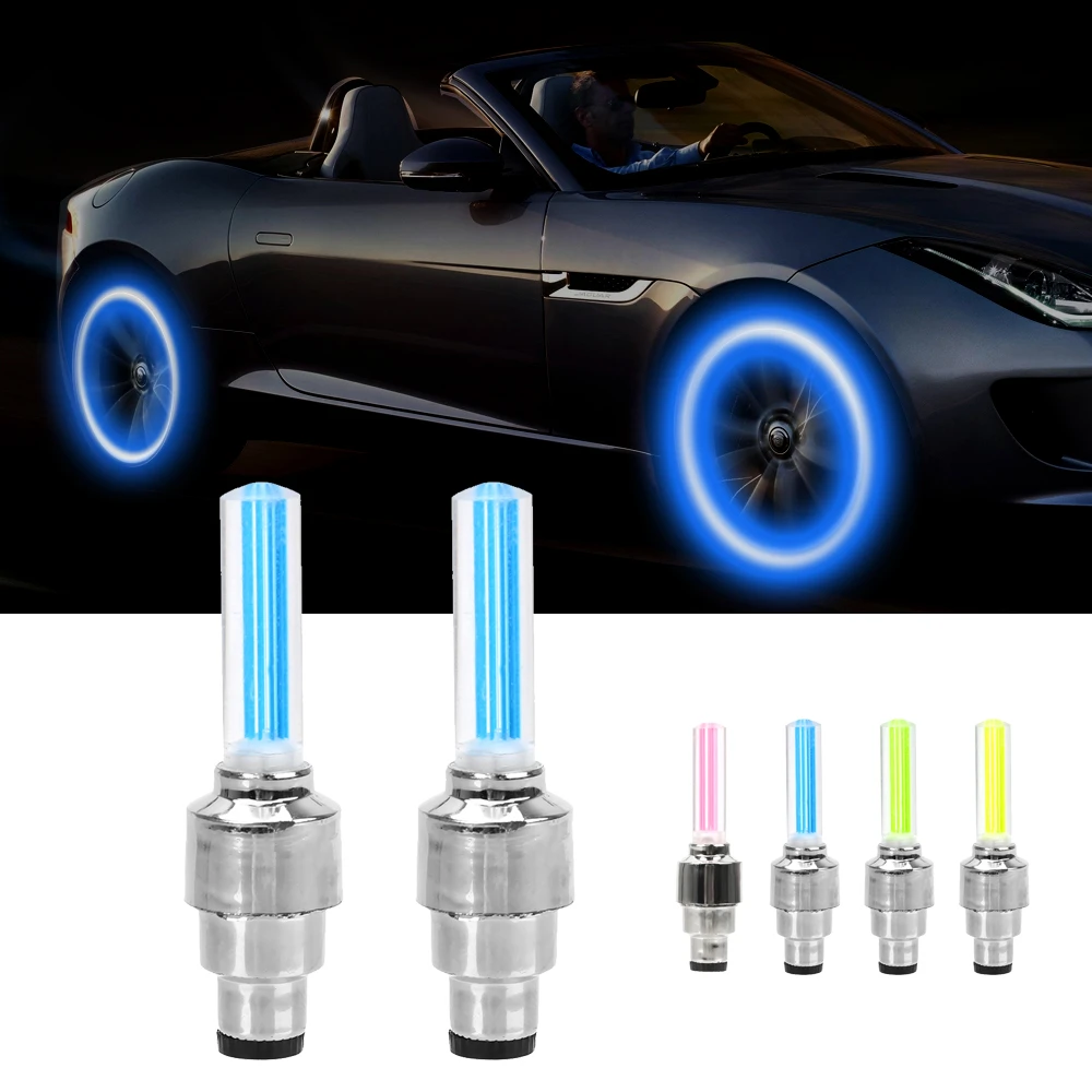 2Pcs Yellow LED Wheel Tire Valve Stem Cap Light Flash Glow Neon Lamp Universal
