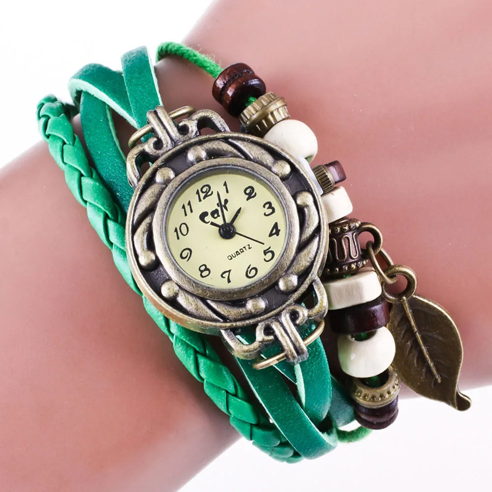 Women Bracelet Watch Retro Weave Wrap Leather Quartz Watch Leaf Pendant