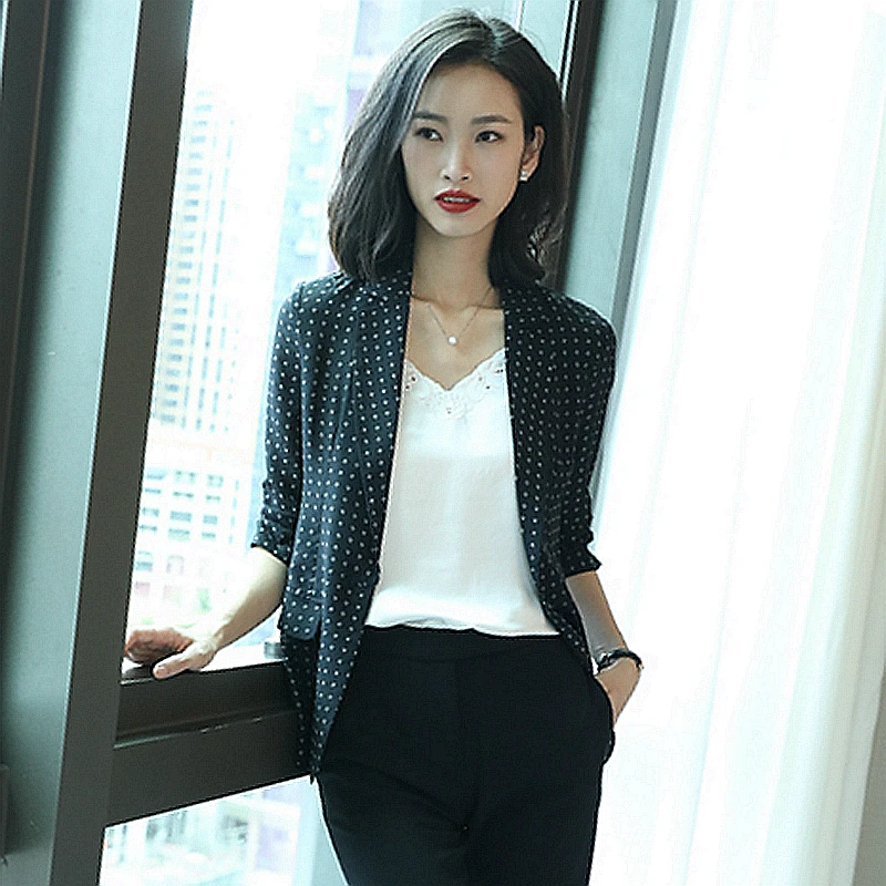 

High Quality 100% Silk Blazer Women Star Knit Notched Three-quarter Sleeves Single Button Waist Work Clothing New Fashion