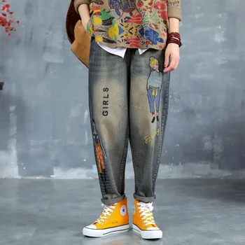 

Woman Vintage Jeans 2019 Autumn Elastic High Waist Cartoon Pattern Letter Embroidery Washed Denim Harem Pants Casual Trousers