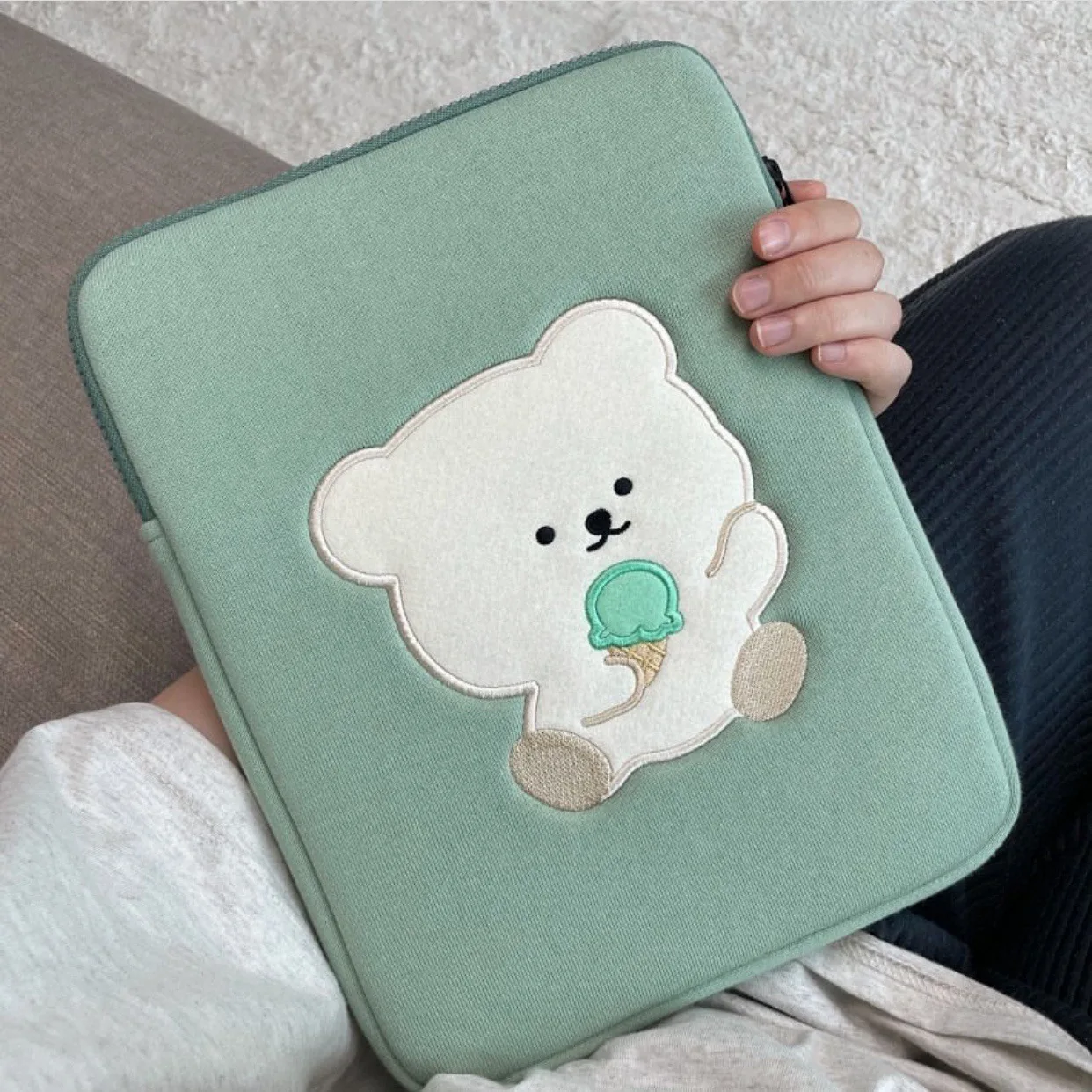 

Korea 11 13 15inch Laptop Tablet Storage Bag Green Ice Cream Bear Girl iPad Sleeve Case Cotton Liner Protection Embroidery Purse