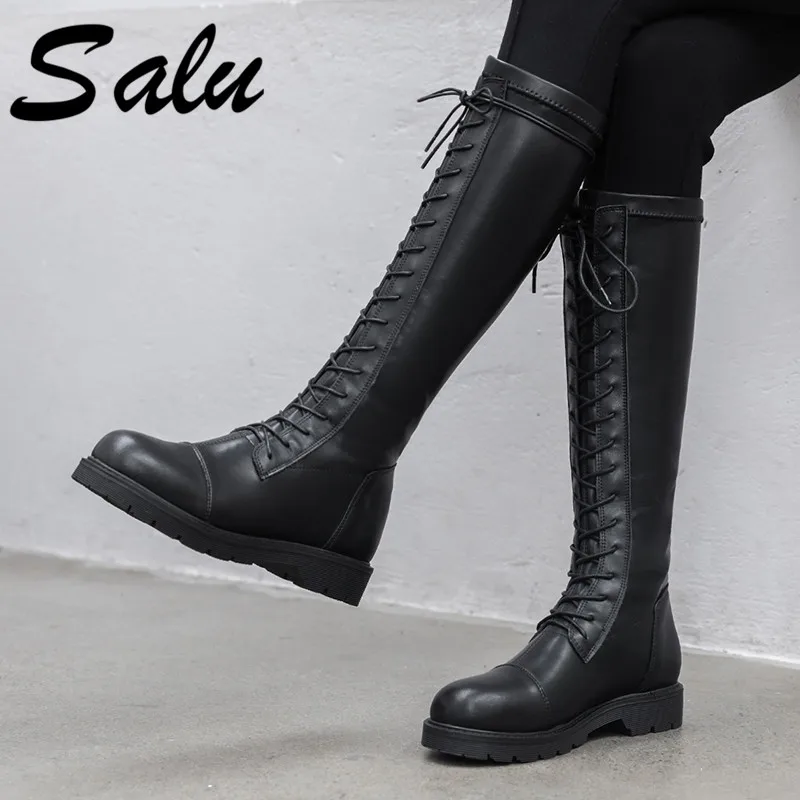 

Salu 100% Cow Leather Chelsea Boots Low Heels Women Knee High Boots Spring Autumn Casual Shoes Woman