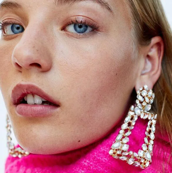 

Europe And America Za New Style Full of Crystals Rectangular Earrings Creative Exaggeration Geometric Inlaid Zircon Ear Rings