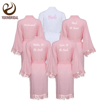 

YUXINBRIDAL 2019 New blush Solid Cotton Kimono Robes with Lace Trim Women Wedding Bridal Robe Bathrobe Sleepwear White