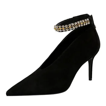 

Women Pumps Black Dress Sweet High Heels Female Classic Strap Thick Pointed Toe Shoes Ladies zapatos de mujer