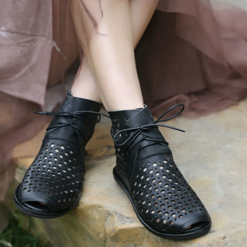 

Women Leather Boots Peep Toe Low Heels Summer Shoes Black Casual Soft Leather Ankle Boots Sandals Women Handmade Brand 2020