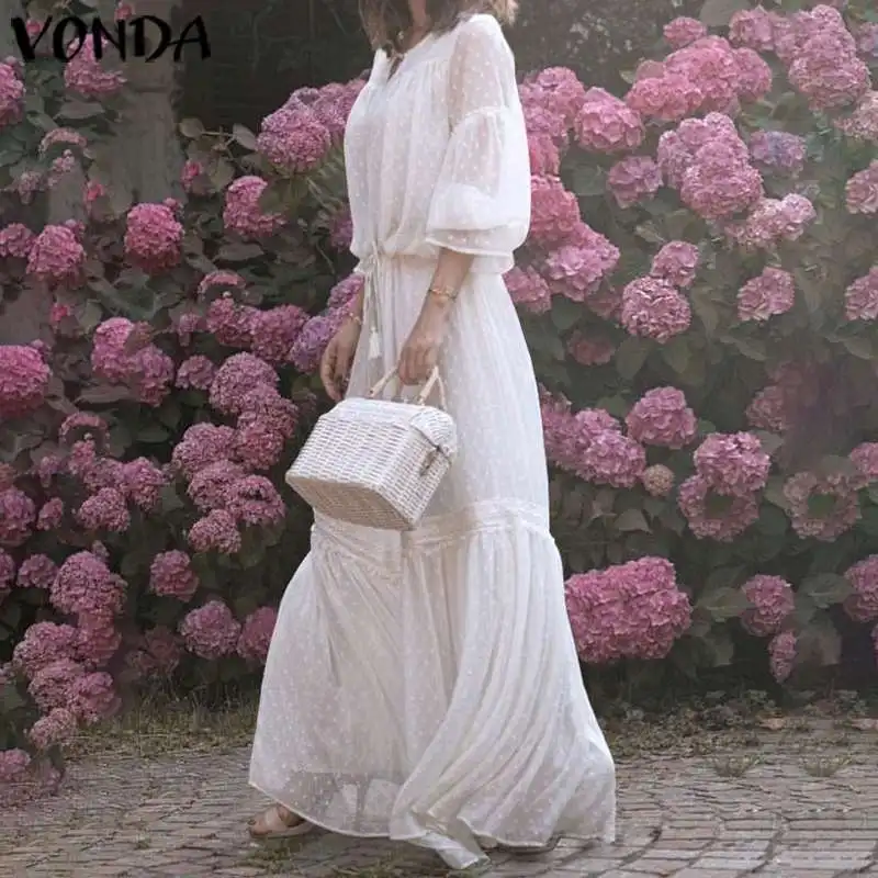 VONDA богемное платье в горошек, длинное платье макси, летний сарафан, сексуальный, с расклешенными рукавами, открытая, элегантная, офисная, для девушек, Vestido S-5XL