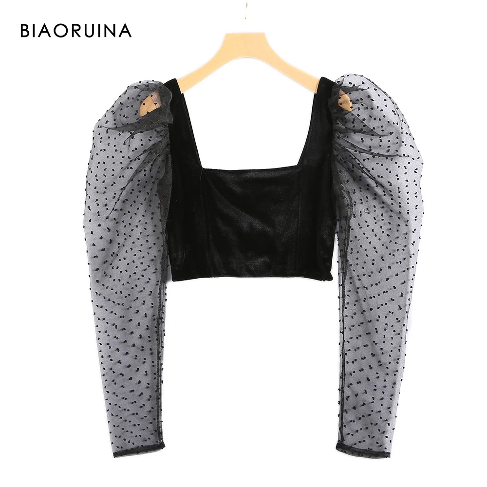 BIAORUINA Women's Black Velour Patchwork Polka Dot Hollow Out Sleeve Short Blouse Square Sexy Crop Top Streetwear | Женская одежда