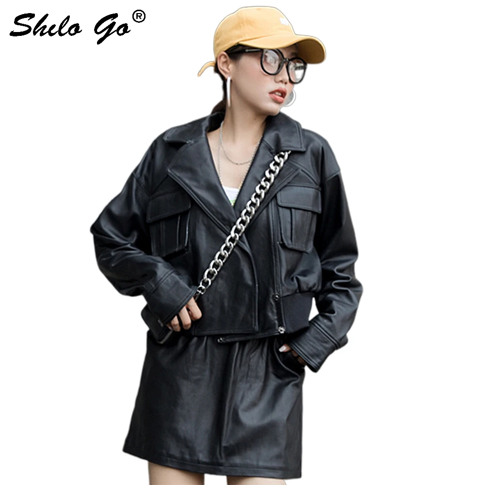 Genuine Leather Coat Notched Neck Drop Shoulder Front Pocket Jacket Women Autumn Casual Elastic High Waist Oversized Outwear