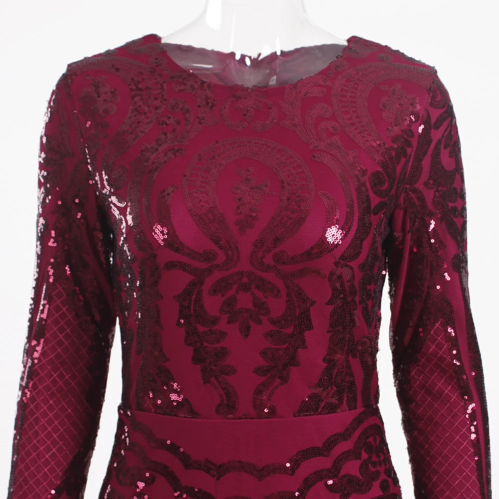 Вечернее платье бордового цвета с длинными рукавами и круглым вырезом; сезон осень-зима года; эластичное Длинное Платье Макси