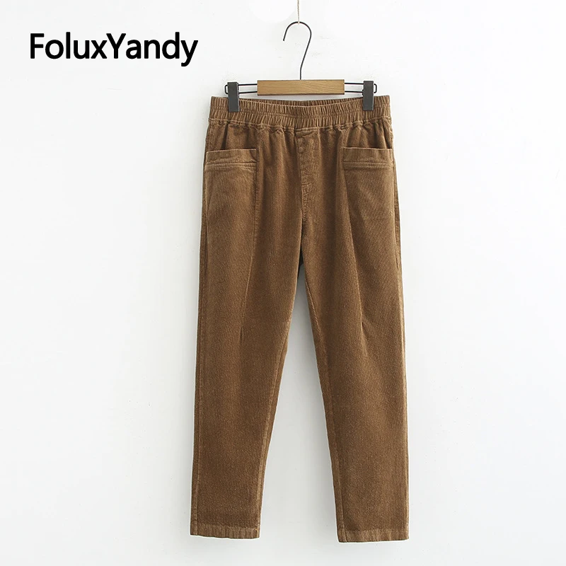 

Casual Corduroy Pants Women Loose Trousers Elastic Waist Autumn Winter Plus Size Pencil Pants KKFY4285
