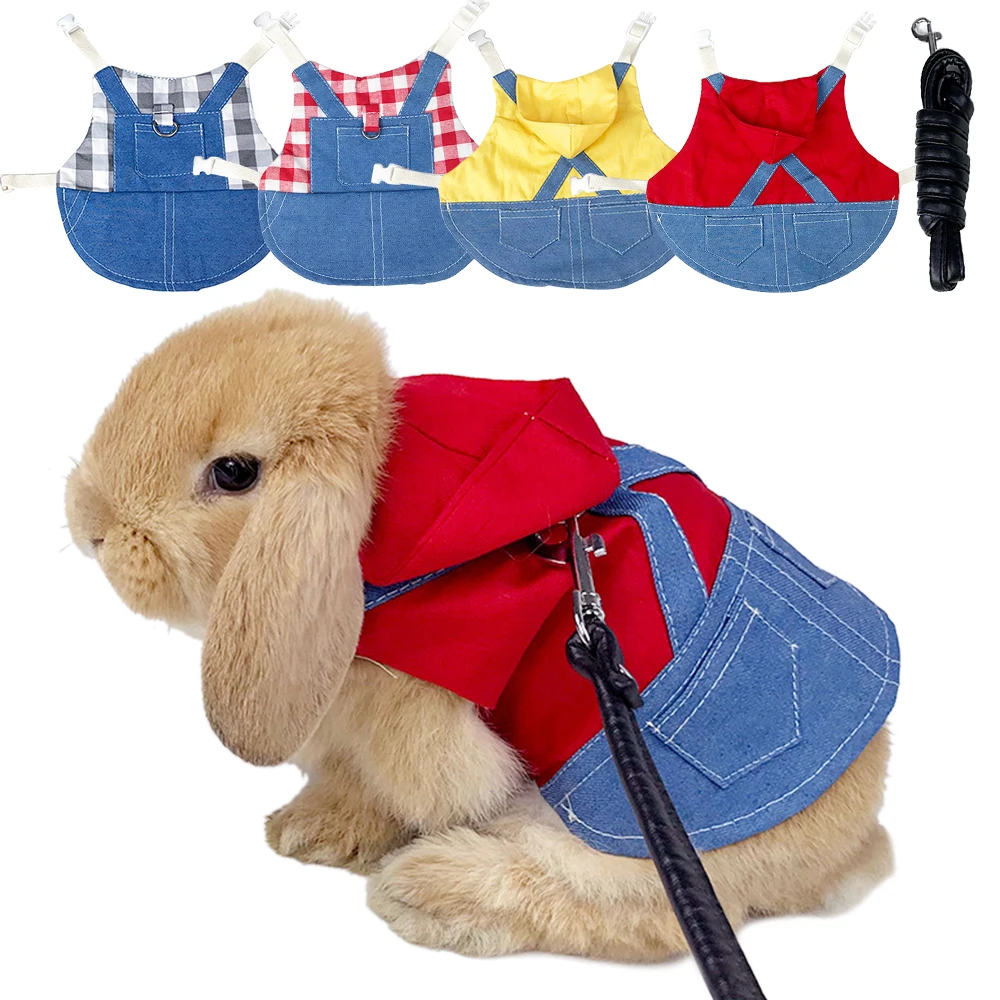 Small Animal Harness Leash Vest Bag Hat Set Pet Rabbit Clothes Denim