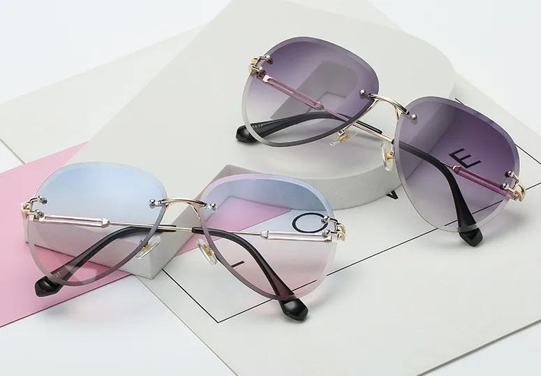 Овальные Солнцезащитные очки без оправы для женщин, оправа из прозрачного сплава, солнцезащитные очки, роскошный бренд, винтажные серые, розовые оттенки, для девушек, без оправы
