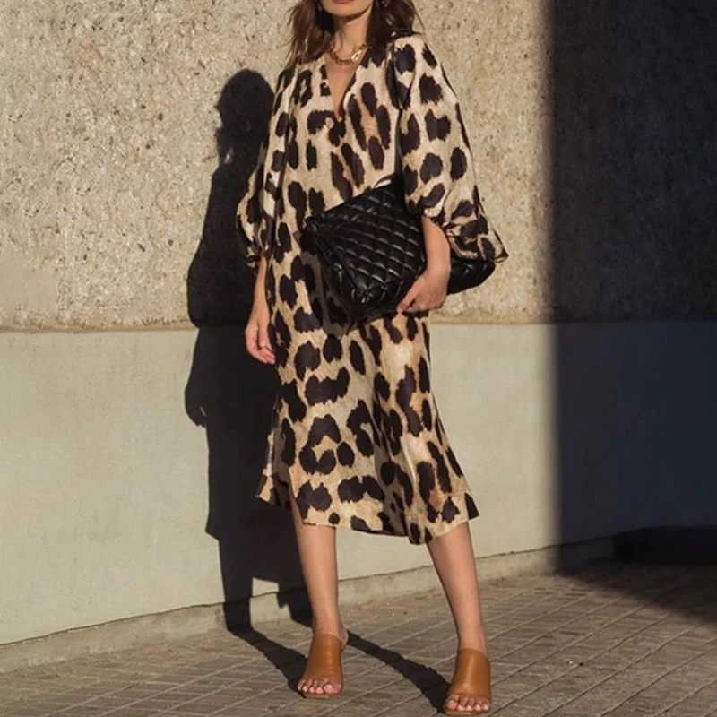 

Loose Leopard Maxi Dress Three Quarter Lantern Sleeve V-Neck Sexy Dresses for Women Summer Antumn Clothes Vestido Vintage