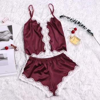 

Summer Pajama Sets Women Sleepwear Sexy Satin Silk Pajamas Set Lace Patchwork Cami Top And Shorts Sleeveless Nightwear For Women