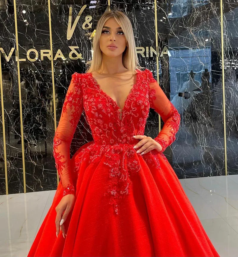 SoDigne Long Sleeves Evening Dress Sexy V Neck Long Sleeves Arabic Prom Formal Dress Lace Appliques Women Evening Gowns