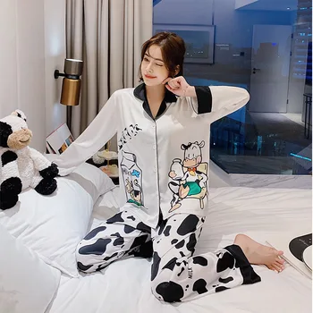 

Cute Print Cows Polka Dot 2PCS Pajamas Sets Sexy Rayon Women Sleep Suit Pyjamas Sleepwear Spring Autumn New Lounge Home Clothes