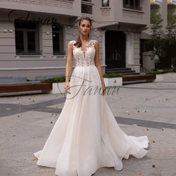 Classic O-Neck Sleeve A-Line Wedding Dresses Lace Appliques Satin Sweep Train Bridal Gown robe de mariée vestido de noiva